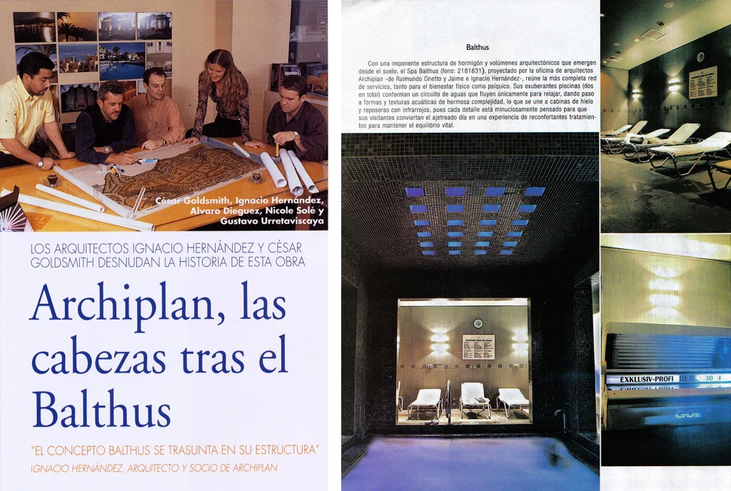 Recorte de revista con reportaje sobre ARCHIPLAN y el proyecto Spa Balthus, incluyendo entrevista a los arquitectos y fotografías del spa